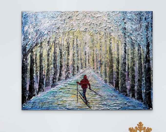 Original Winter Ski Painting 24x20 – Into the Quiet Woods – Textured Snow Forest Wall Art