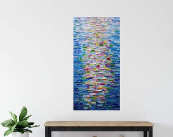 Blue Abstract Water Reflection Painting, Impasto Wall Art, Large Canvas Original Art 18x36
