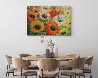 Original Dahlia Painting 36x24, Dahlias in Bloom, Textured Floral Canvas Art
