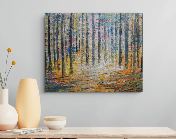 Original Forest Painting 20x16, Morning Light Through the Trees, Textured Wall Art