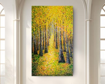 Custom 60x36 Textured Birch Forest Painting, Golden Autumn Path