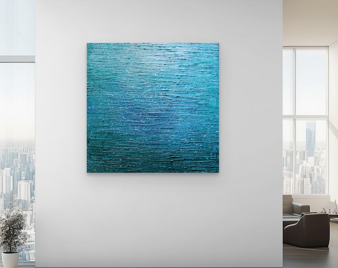 Ocean Inspired Original Coastal Painting, Large Textured Blue Abstract Art 36x36