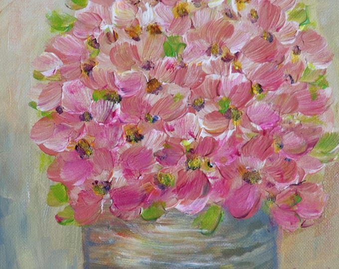 Pink Flower Painting, 8x8 Oil on Canvas Panel, Original Signed Art