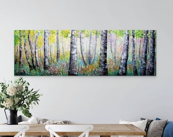 Birch Forest Oil Painting: Spring Wildflower Landscape, Extra Large Canvas (60x20)