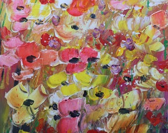 Pink and Yellow Flower Painting, Colorful Wall Art