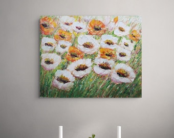 Summer Delights, Original White and Orange Wildflower Oil Painting