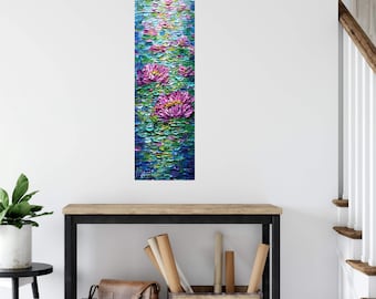 Textured Pink Water Lily Painting: Abstract Floral Canvas Art