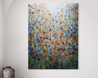 Extra Large Colorful Wildflower Oil Painting, 48x60 Textured Canvas