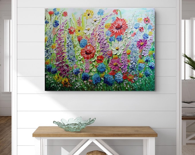 Summer Garden Serenade – Original Wildflower Painting 40x30 Textured Floral Art