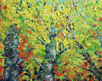 Fall Aspen Trees Impasto Painting: Oversize Autumn Colors Artwork