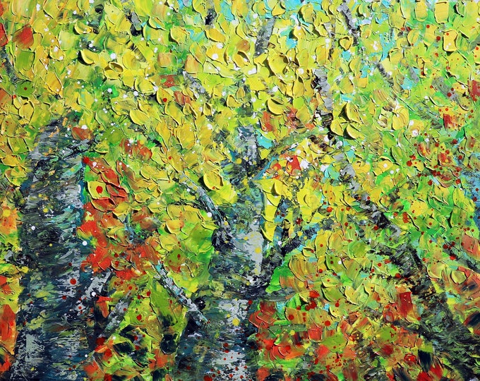 Fall Aspen Trees Impasto Painting: Oversize Autumn Colors Artwork