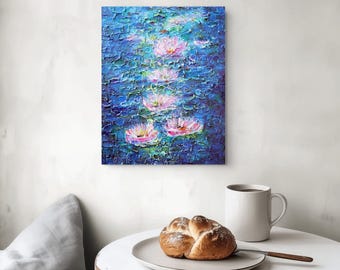 Original Water Lily Painting 11x14 Blue Lagoon Lilies