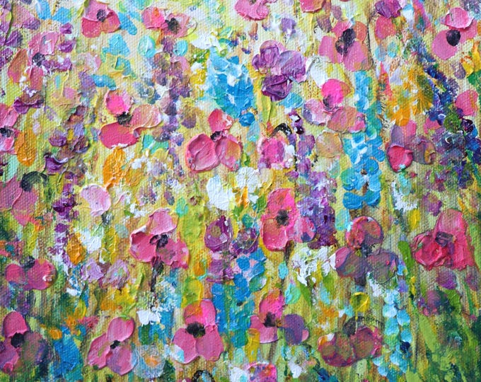 Pink Wildflower Painting, Small Canvas Original Art