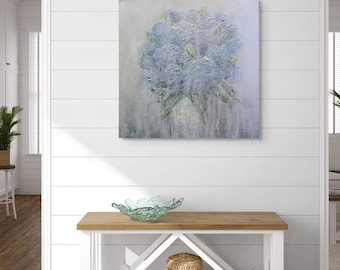Textured Floral Painting, Wabi Sabi Abstract Canvas, Blue Gray Bouquet, Original Art