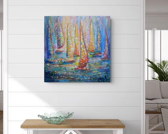 Sunlit Regatta Original Sailboat Painting 24x24 Coastal Nautical Wall Art