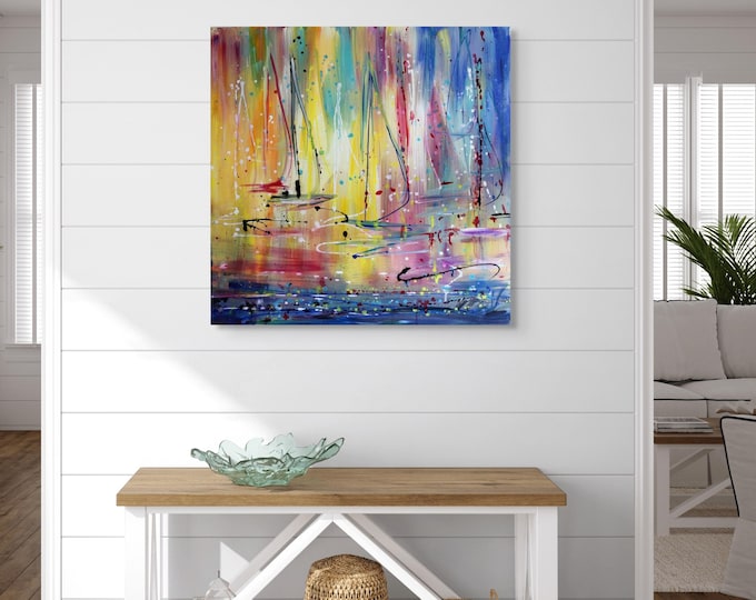 Colorful Sailboat Painting, Abstract Ocean Sunset Drip Canvas, Coastal Art