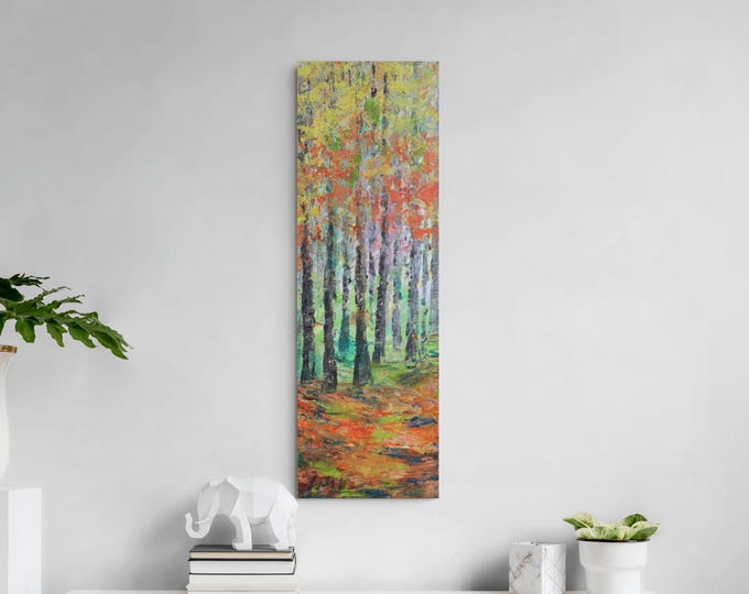 Original Aspen Forest Painting 12x36 Textured Fall Art, Autumn's Quiet Glow