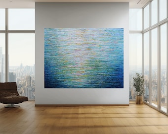 Original Textured Acrylic Painting, Soft Blue Pink Yellow Green Sky Reflections 48x36