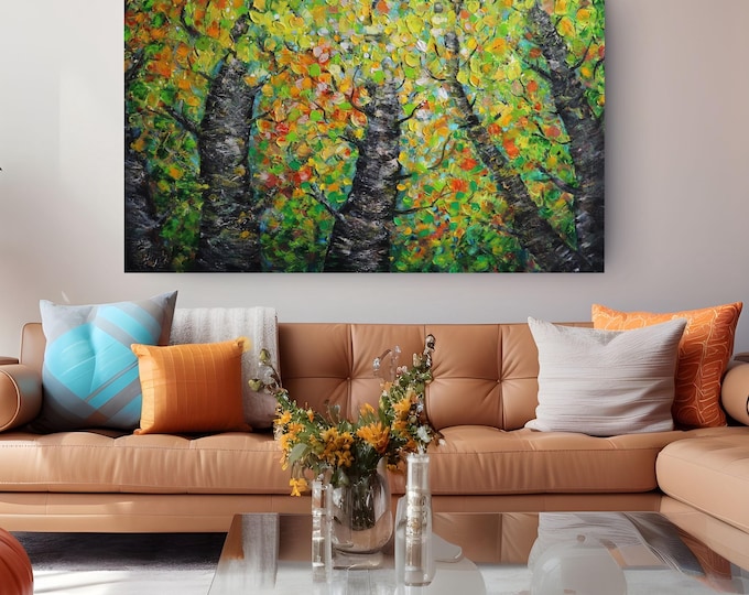 Original Colorful Forest Painting, 48x30 Textured Autumn Trees on Canvas