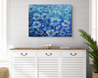 Original Blue Floral Painting 40x30, Azure Blossoms, Textured Flower Wall Art