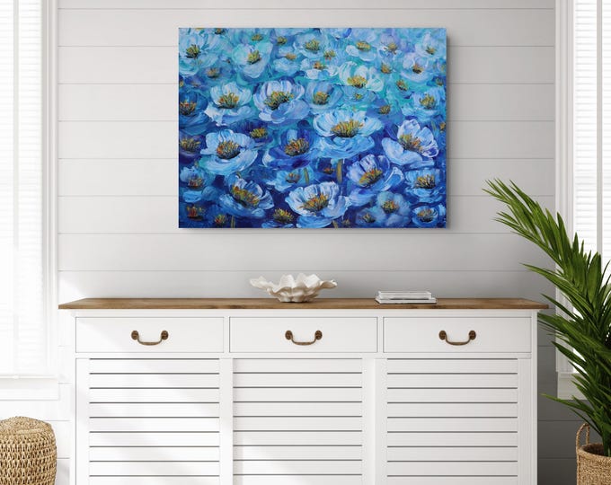 Original Blue Floral Painting 40x30, Azure Blossoms, Textured