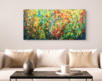 Original Autumn Forest Painting 48x24, Where Autumn Glows, Large Colorful Tree Landscape Wall Art
