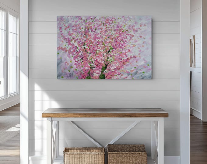 Original Cherry Blossom Painting 36x24, Pink Tree Wall Art, Blossoms in the Breeze