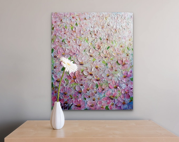 Pink Anemones Flowers Textured Original Painting ombré feel from light to dark pink with pops of colors as blues, yellows, greens , beige