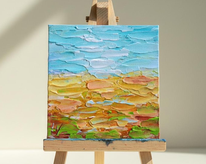 Coastal Meadow 4x4 Original Textured Painting, Abstract Art