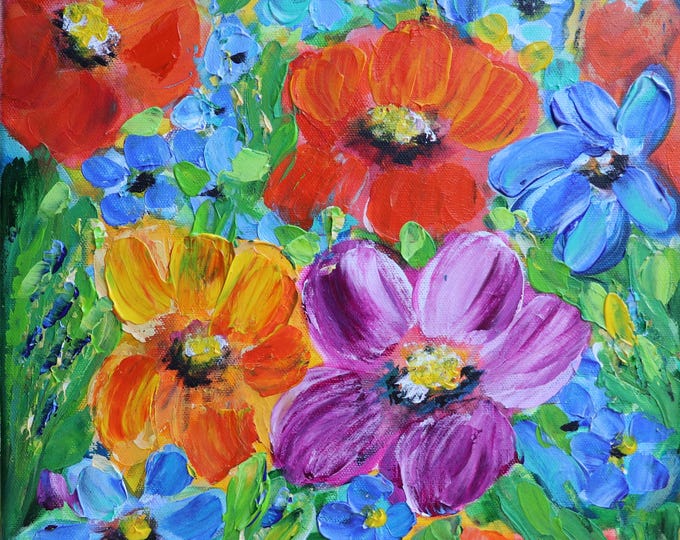 Signed Original Oil Painting: Pink Orange Blue Flowers on Stretched Canvas