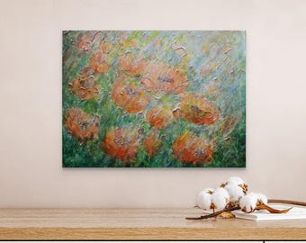 Orange Poppy Flower Painting Textured Floral Wall Art Meadow Canvas Impressionist Original