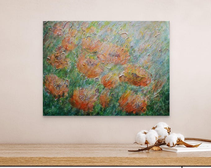 Orange Poppy Flower Painting Textured Floral Wall Art Meadow Canvas Impressionist Original