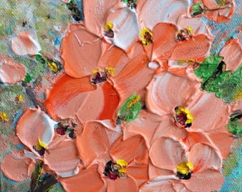 Peach Flower Artwork Orange Cherry Flowers Painting Oil on Canvas, Vibrant 6"x6"x1" Floral Wall Décor, Unique Gift for Art Lovers