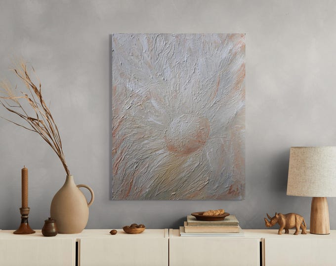 Neutral Daisy Painting, Textured Floral Wall Art, Japandi Decor