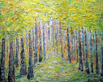 Verdant Depths: Original One-of-a-Kind Oil Impasto Painting of Textured Spring Green Trees Landscape