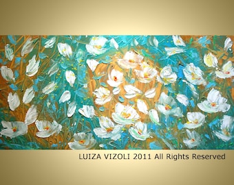 Blue Gold White Original Painting WATER and FLOWERS Modern Abstract Turquoise Floral Impasto Large Painting by Luiza Vizoli