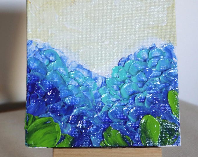 Blue Hydrangea Dreams: 4x4 Acrylic Painting on Canvas Panel