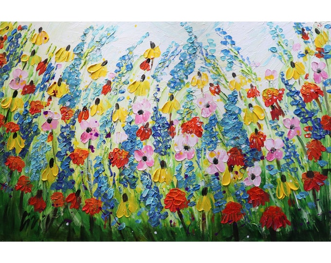 Wildflowers Texas Bluebonnet Original Oil Painting Flowers Landscape Art , textured impasto heavy texture