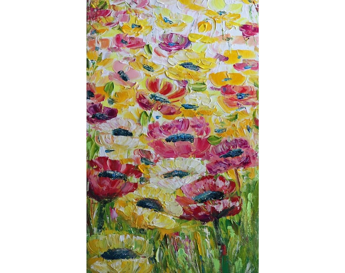 Yellow Pink White Wild Poppies Summer Flowers Original Oil Painting Vertical Narrow Canvas