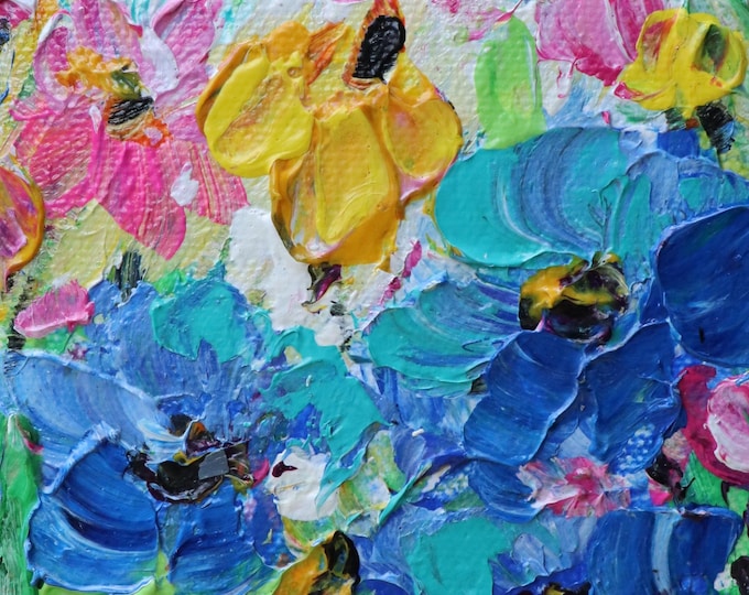 Original Mini Wildflower Painting, Blue Colorful Textured Floral Art, 4x6