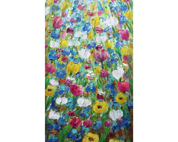 When Spring Meets Summer – Original Wildflower Meadow Painting | Textured Floral Art | 36x18 Tulips Daffodils Crocus by Luiza Vizoli