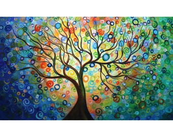Seasons Tree of Life 60x36 Extra Large Canvas Whimsical Landscape Rainbow Colorful Circles inspirational motivational zen tree of life