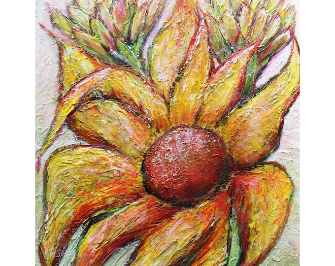 Sunflowers in the Wind, Original Painting on Canvas, Yellow White Flower Artwork, Oil on Canvas