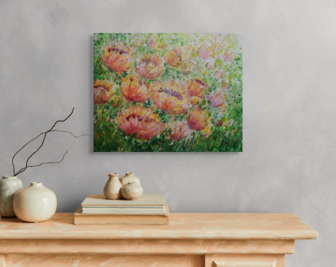 Orange Yellow Floral Painting, Textured Impasto Canvas Art