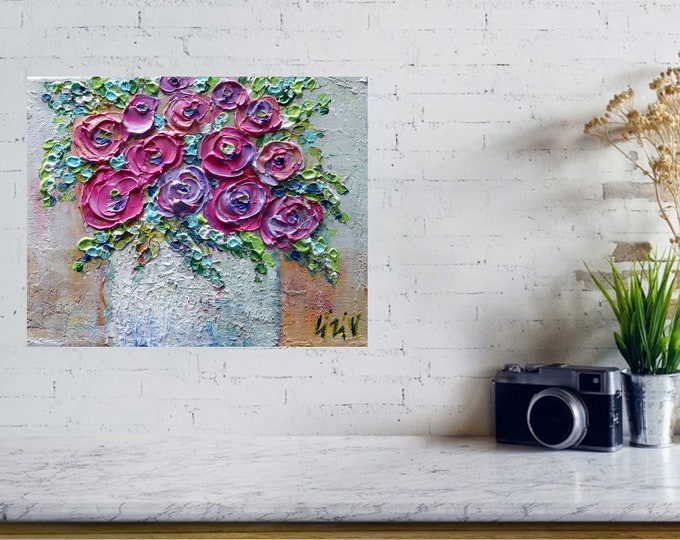 Impasto Ranunculus Oil Painting: Colorful Floral Bouquet on Canvas
