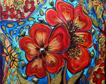 Original Flowers Painting FRIENDS Edwardian Boho Whimsical Gypsy Collage Art Glass,Oil,Acrylic,Textured fine art