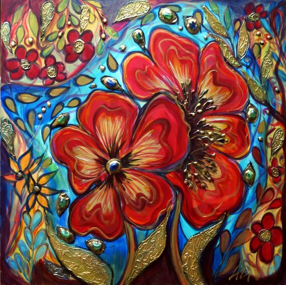 Flowers Painting, Boho Textured Colorful Artwork, Gypsy Style