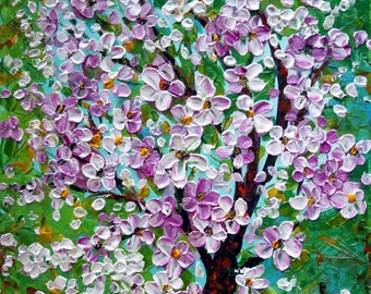 Cherry Tree Flowers in Pink White  riginal Oil Painting Modern Impressionist MADE to ORDER