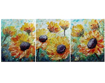 SUNFLOWERS XL Tuscany Summer Original Painting Impasto Oil Large Art on Canvas Triptych