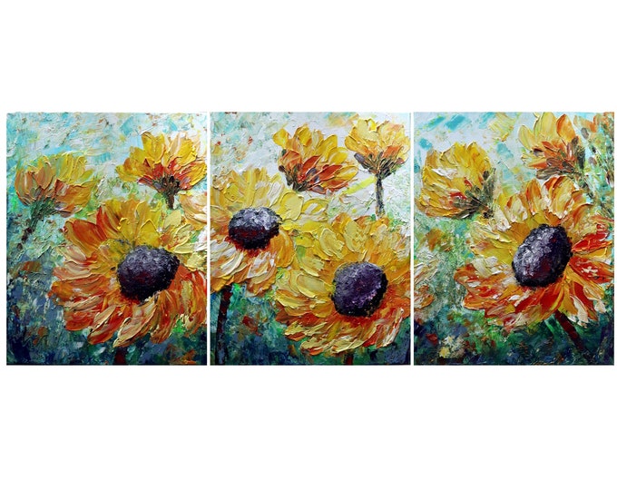 SUNFLOWERS XL Tuscany Summer Original Painting Impasto Oil Large Art on Canvas Triptych